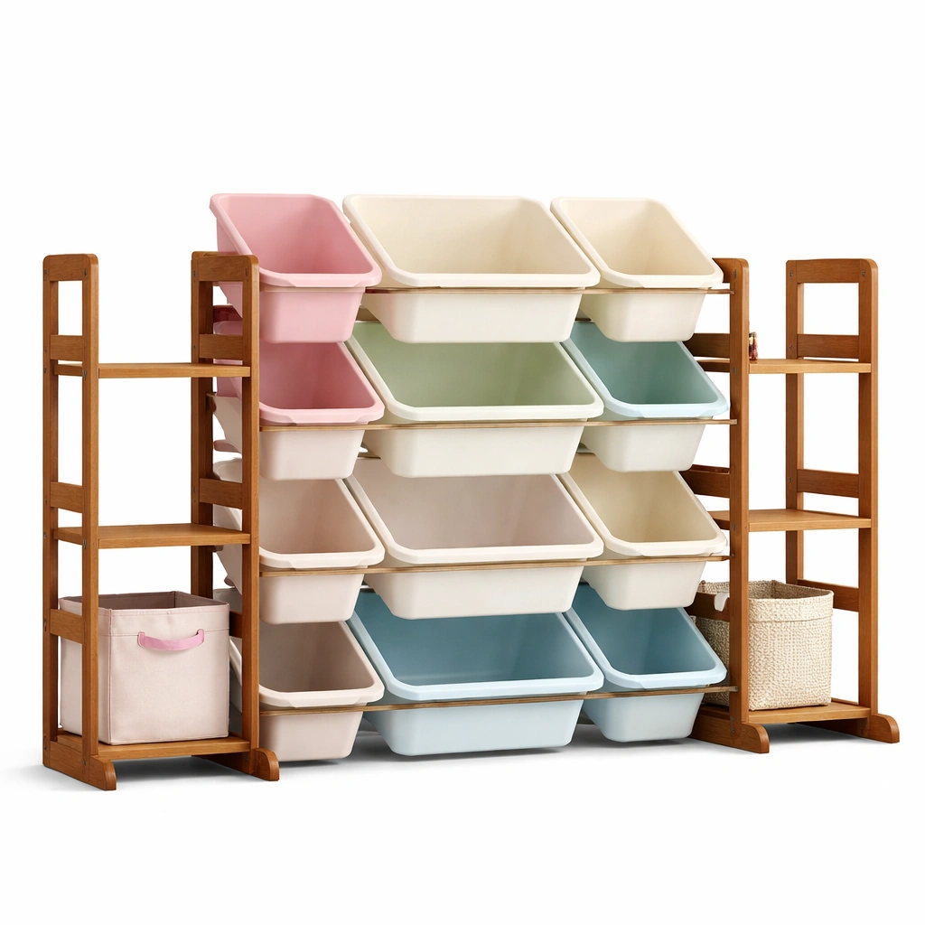 Estanteria infantil con cajas organizadoras multicolor y estructura de madera-cozanoe